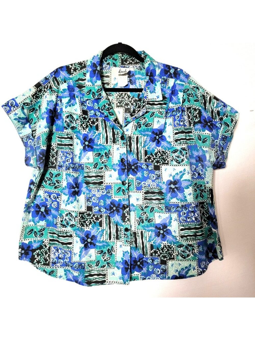 Tapestry Button Down Camp Shirt Womens Sz 20 Short Sleeve Teal Blue USA VTG